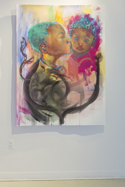 Painting of a mother holding her baby in her arms while she kisses him on a colorful background.