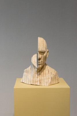 Head sculpture made of layered wood of a person with one half of the head.