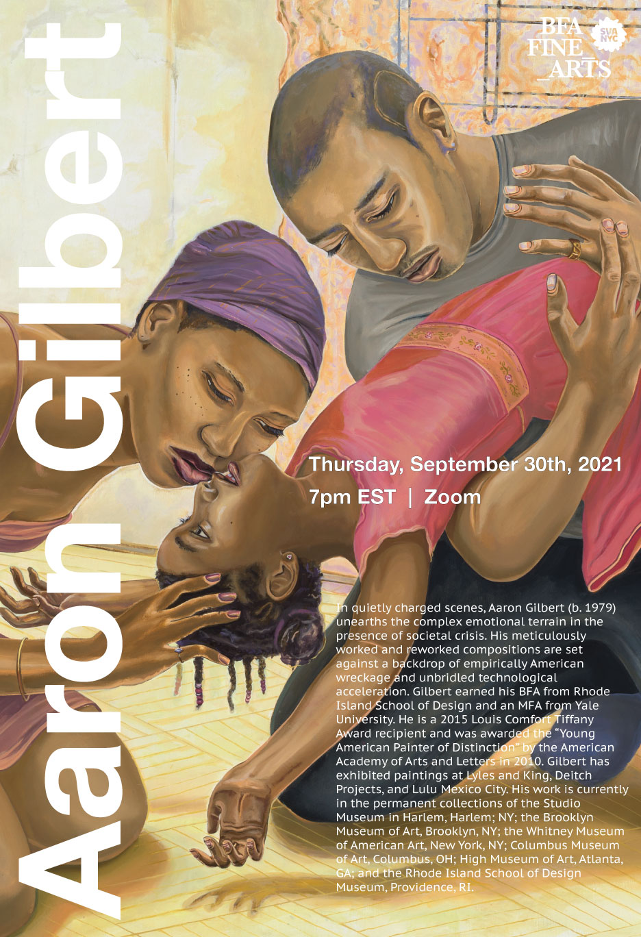 An advertisement for a lecture on Zoom with artist, Aaron Gilbert. The poster features a painting by Gilbert of a man and woman kneeling on the flooring holding a child.