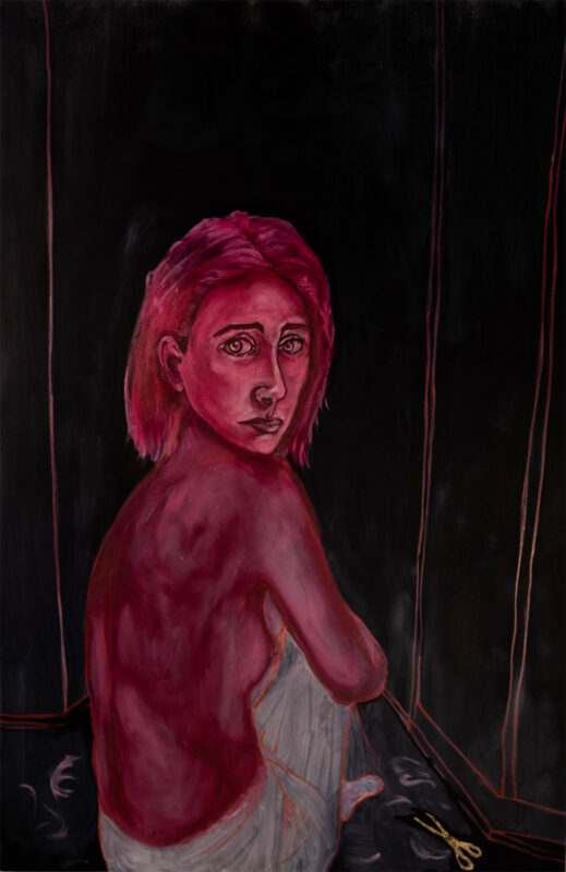 A bare-chested figure looks at the viewer over their right shoulder, rendered in shades of magenta. 