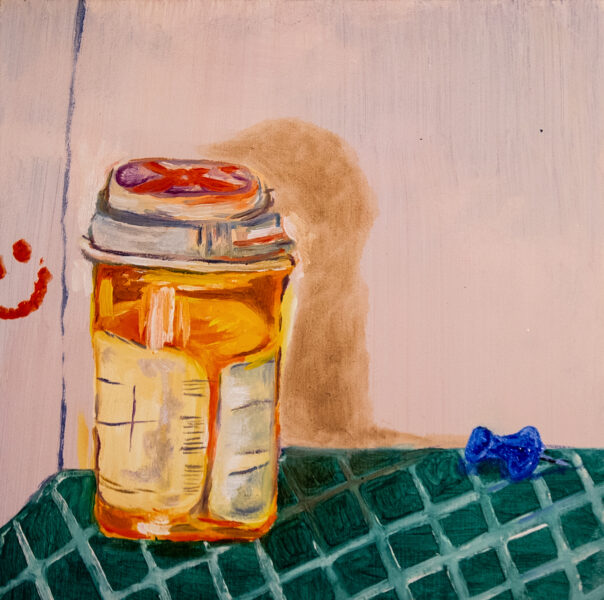 A painting of an orange prescription pill bottle and a blue thumbtack on a grid of green.