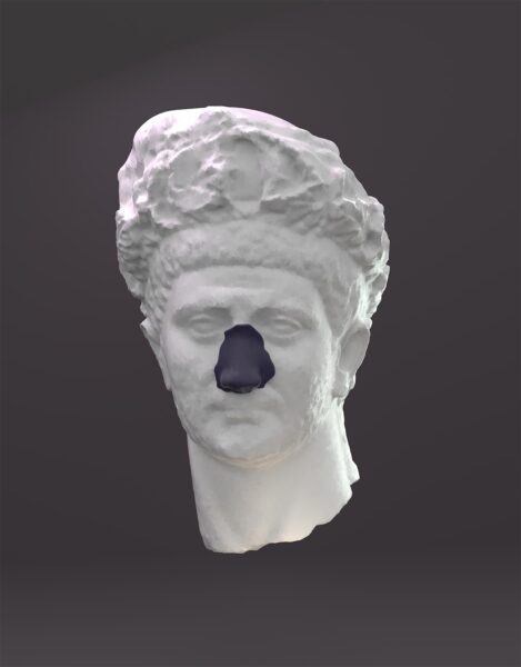 Digital rendering of a classical greek heads floating on a grey background.