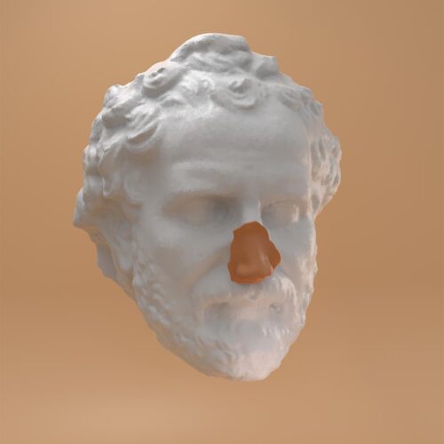 Digital rendering of a classical greek heads floating on an orange background.
