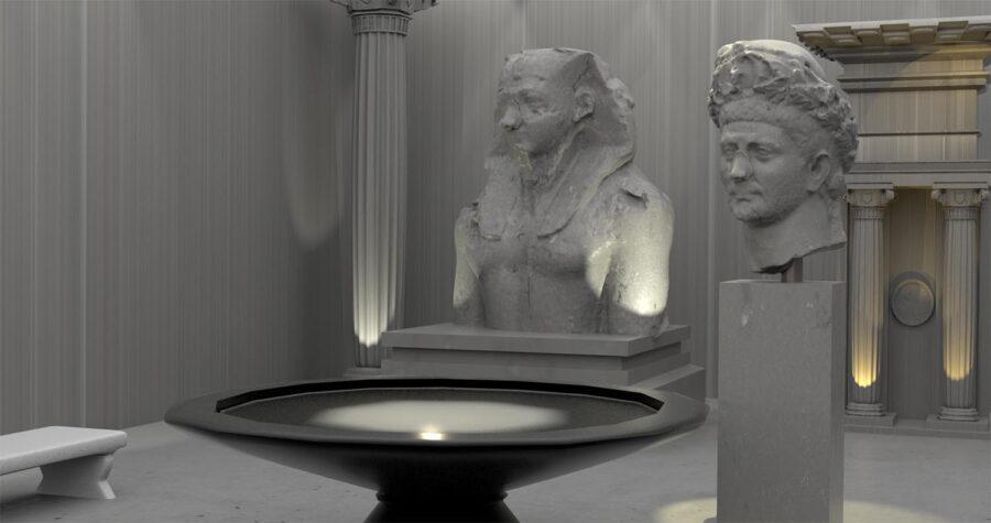 Digital rendering of a museum interior with classical greek heads on pedestals.