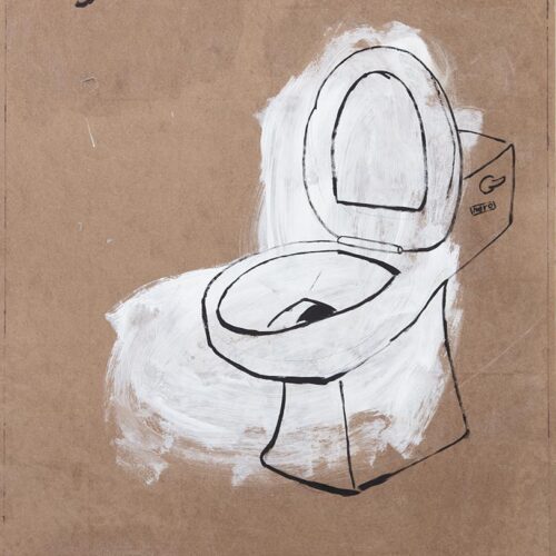 Drawing of a toilet painted over in white on a brown background with the word "Deity" drawn on.
