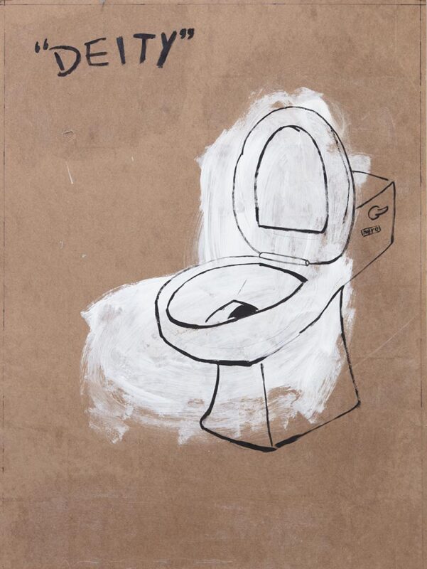 Drawing of a toilet painted over in white on a brown background with the word "Deity" drawn on.