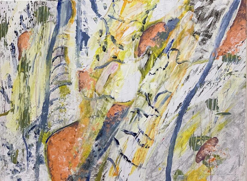 Detail of a painting with pastel thick brushstrokes in white, orange, and blue.
