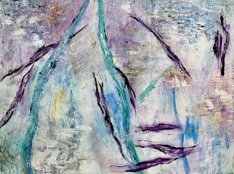Detail shot of a painting, rendered in thick pastel brushstrokes primarily purple blue and green.
