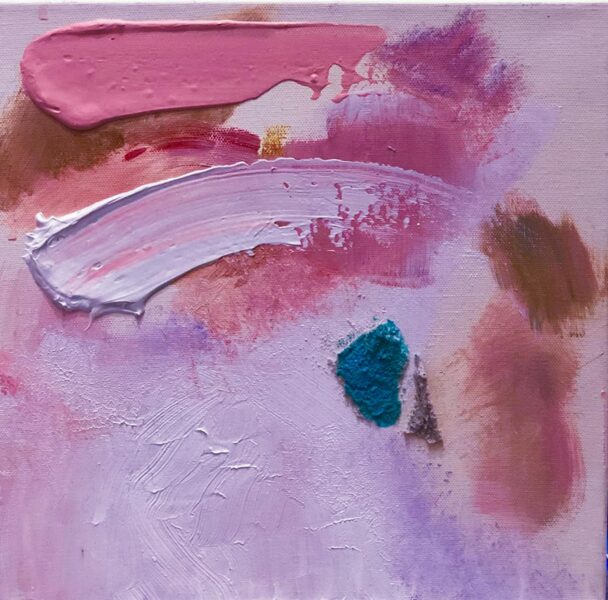 Detail shot of a painting, rendered in thick brushstrokes primarily pink, red, and blue.