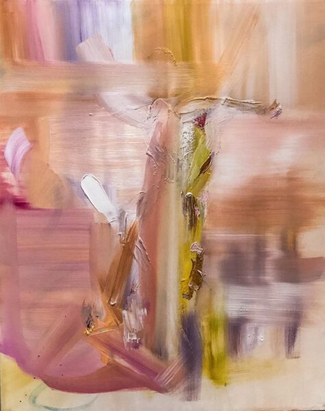Detail shot of a painting, rendered in thick brushstrokes primarily yellow, red, and purple.