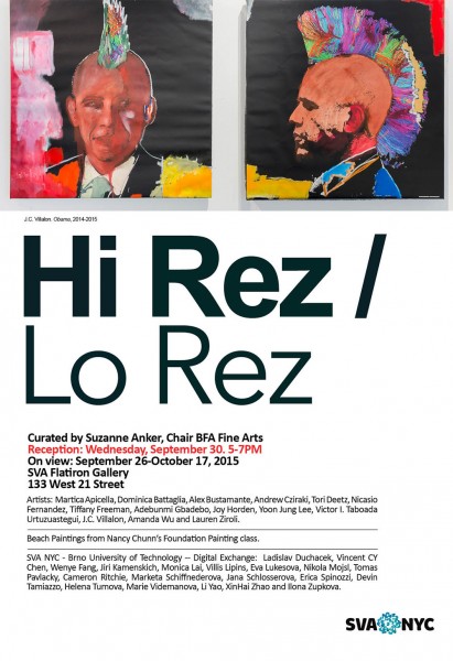 An advertisement for an exhibition at SVA Flatiron Gallery, 133 West 21 Street, titled Hi Rez / Lo Rez. The exhibition and reception are on view from September 26 through October 17, 2015. Reception from September 30, from 5 PM to 7 PM.