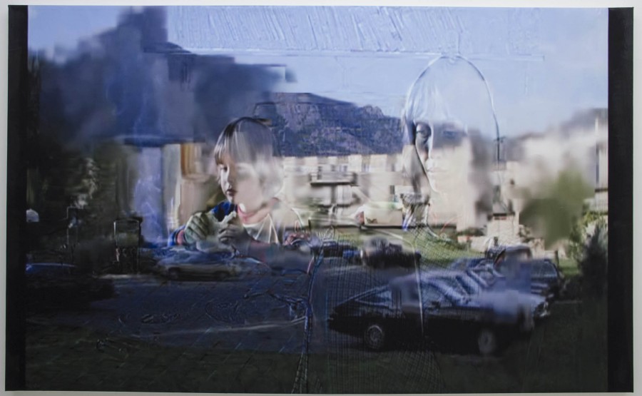There is a detailed view of an oil painting on canvas of a parking lot in the foreground and beige buildings and hills in the background on a morning. On top of it is ink-jet printed and an image of a mother making breakfast and her son eating a sandwich at the table. Artwork created by Holly Strawbridge