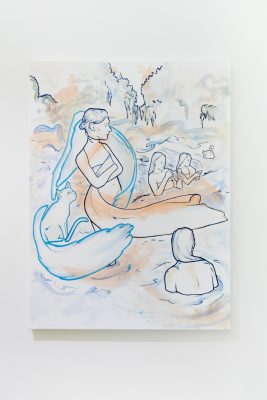 Gestural painting of several female individuals reclining or standing in water in an outdoor landscape. A silhouette of a blue cat is resting next to the largest female figure in the painting.