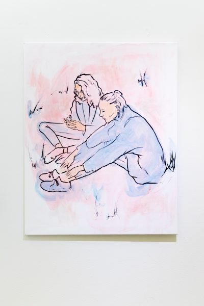 Gestural painting of two women sitting in the grassy area. One woman is on her phone the other women is stretching to reach her ankles. The painting has mostly line outlines with subtle pinks, blues, and purples giving the figures more tone.
