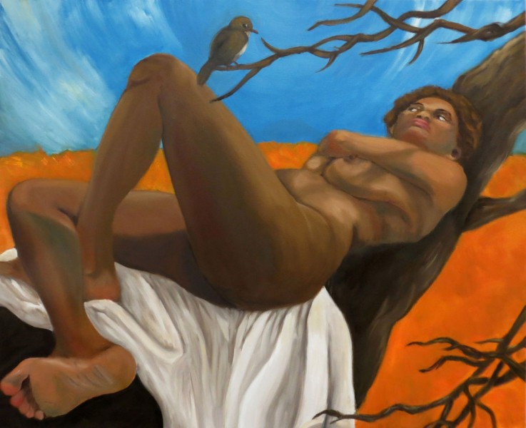 A nude painting of a black woman, sitting on her back on a branch, with a white sheet under her legs and bottom. The ground is orange and the sky blue, and on one branch is a small bird