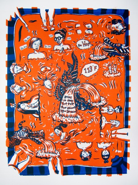 Painting of busts of females', written messages, crocodile head, etc, on an orange background and striped blue outline