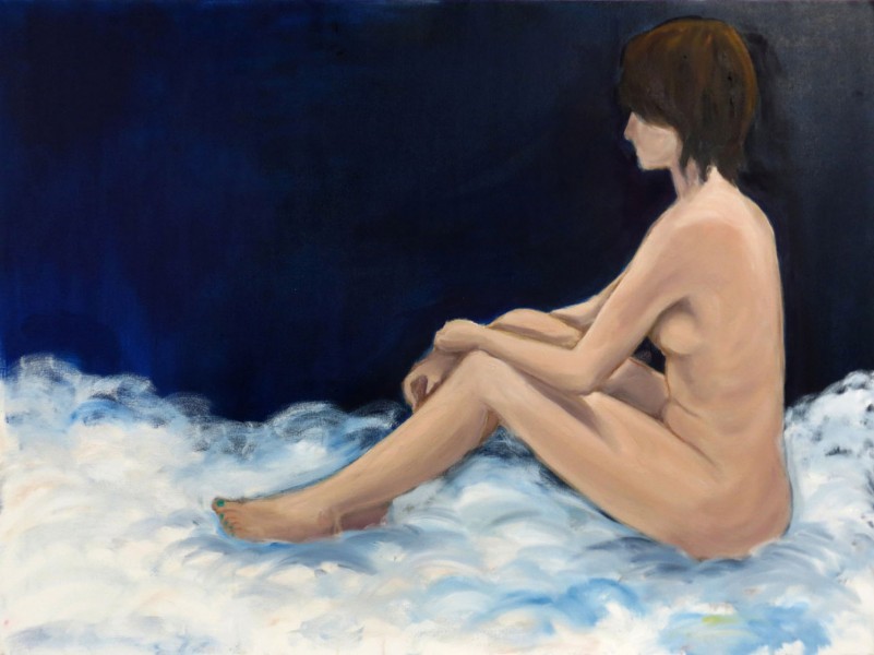 A side view nude painting of a woman sitting on a fluffy white surface with legs bent and brought closer to the chest, with short hair. The background is simple in dark blue.