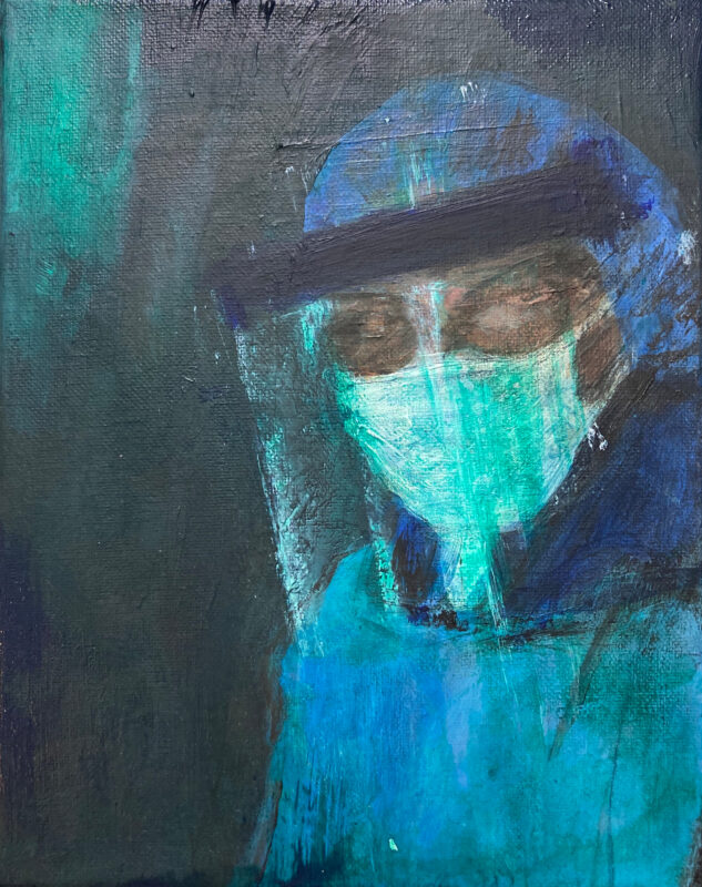 A bluish colored medical person wearing PPE protection suite on dark green background.