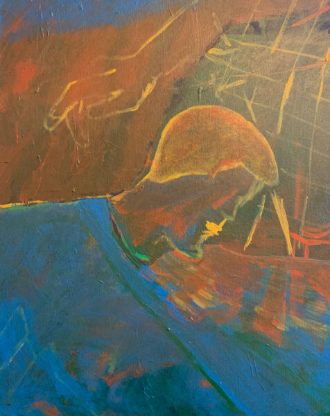 Detail shot of a painting of a brown haired man against a red sky with a blue shirt.