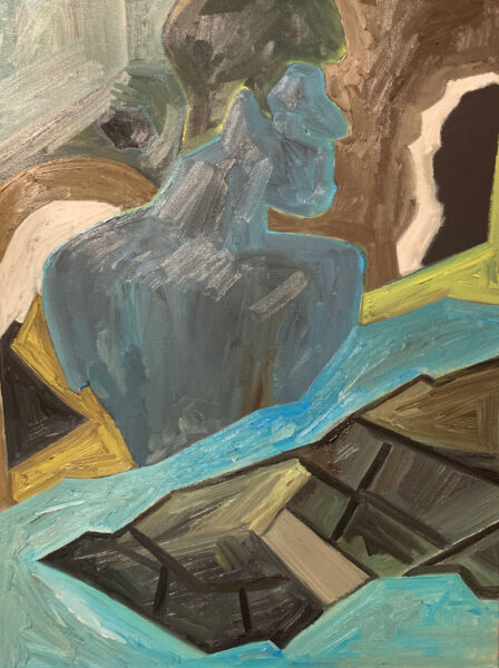 Detail shot of a painting of a brown haired man against a brown background with a blue shirt.