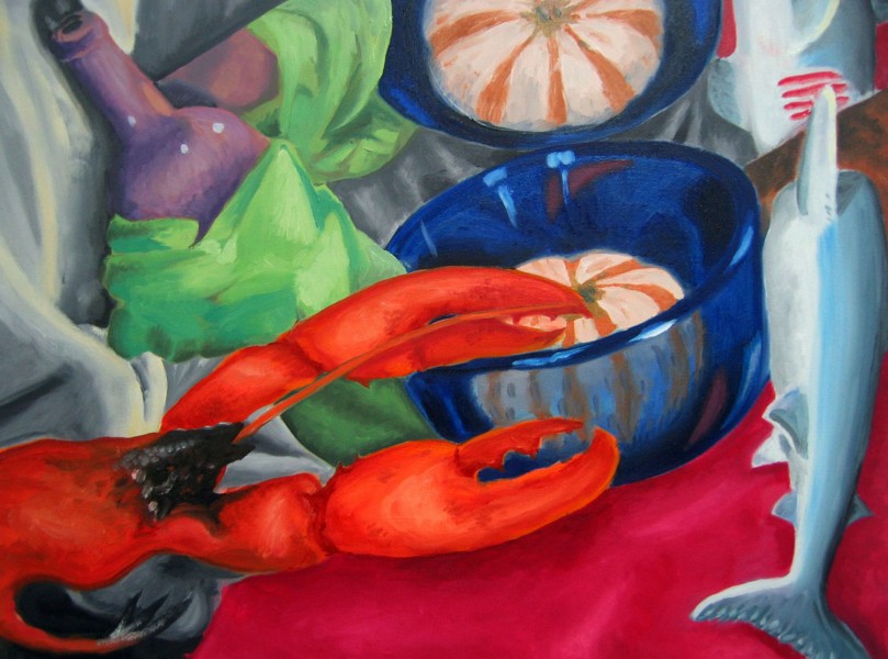 Static nature painting with an orange lobster, a fish, a bottle of wine covered with green fabric, and a blue transparent bowl with a vegetable in it. On the table is a mirror which reflects all objects on the table and the table has a red cover on it