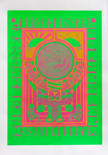 A psychedelic poster printed in neon green and red.