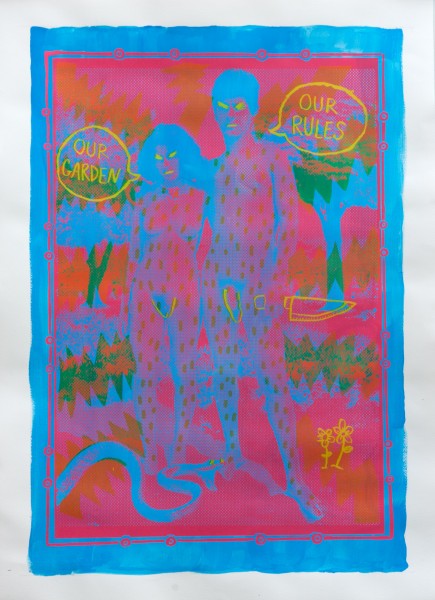 Psychedelic colors painting with neon pink and neon blue of two people and the female has "Our garden" words next to her, the male has  "Our rules" nest to him.