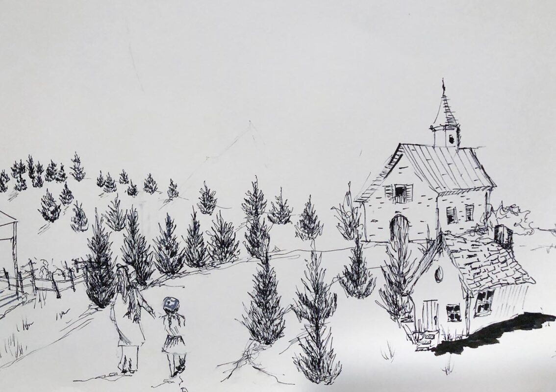 Detail of long pen drawing of rolling hills, barns, trees, and windmills.