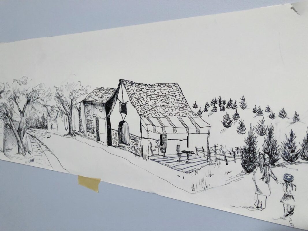 Detail of long pen drawing of rolling hills, barns, trees, streets, and windmills.