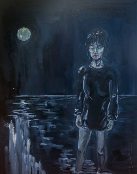 A painting of a figure in a black shirt standing in shallow water which extends to the horizon with a full moon.