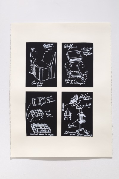 There is a grid of four drawings about miscellaneous objects on a black background, and the grid is on white paper.