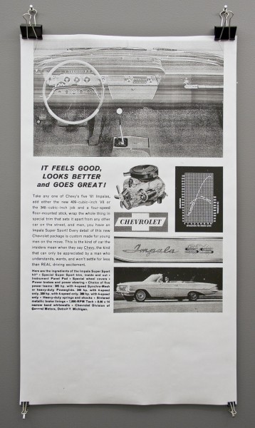 A piece of paper mounted with paper clips on the wall with black and white images of a car interior, an engine, a graph, a car exterior, and a detail of Impala badge, beside is the Title It feels good. Looks better and goes great! followed by a text below.