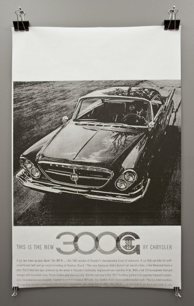 A picture in black and white with a big coupe car, and the title: This is the new 300G by Chrysler and a paragraph below.