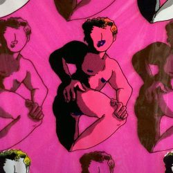 An artwork by Jacob Mills. The artwork depicts the back of a human figure with the torso turned to face the viewer. The figure is repeated across the print in a grid formation. The figures are colored in either a bright pink or grey color.