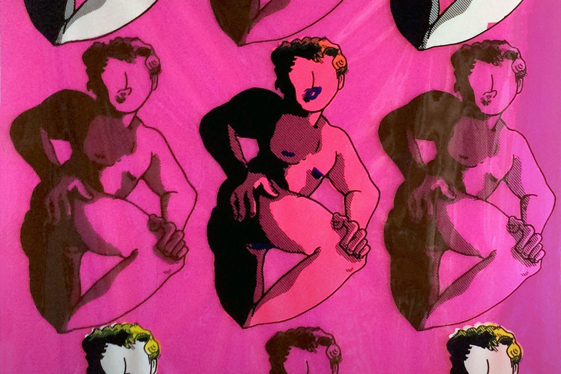 An artwork by Jacob Mills. The artwork depicts the back of a human figure with the torso turned to face the viewer. The figure is repeated across the print in a grid formation. The figures are colored in either a bright pink or grey color.