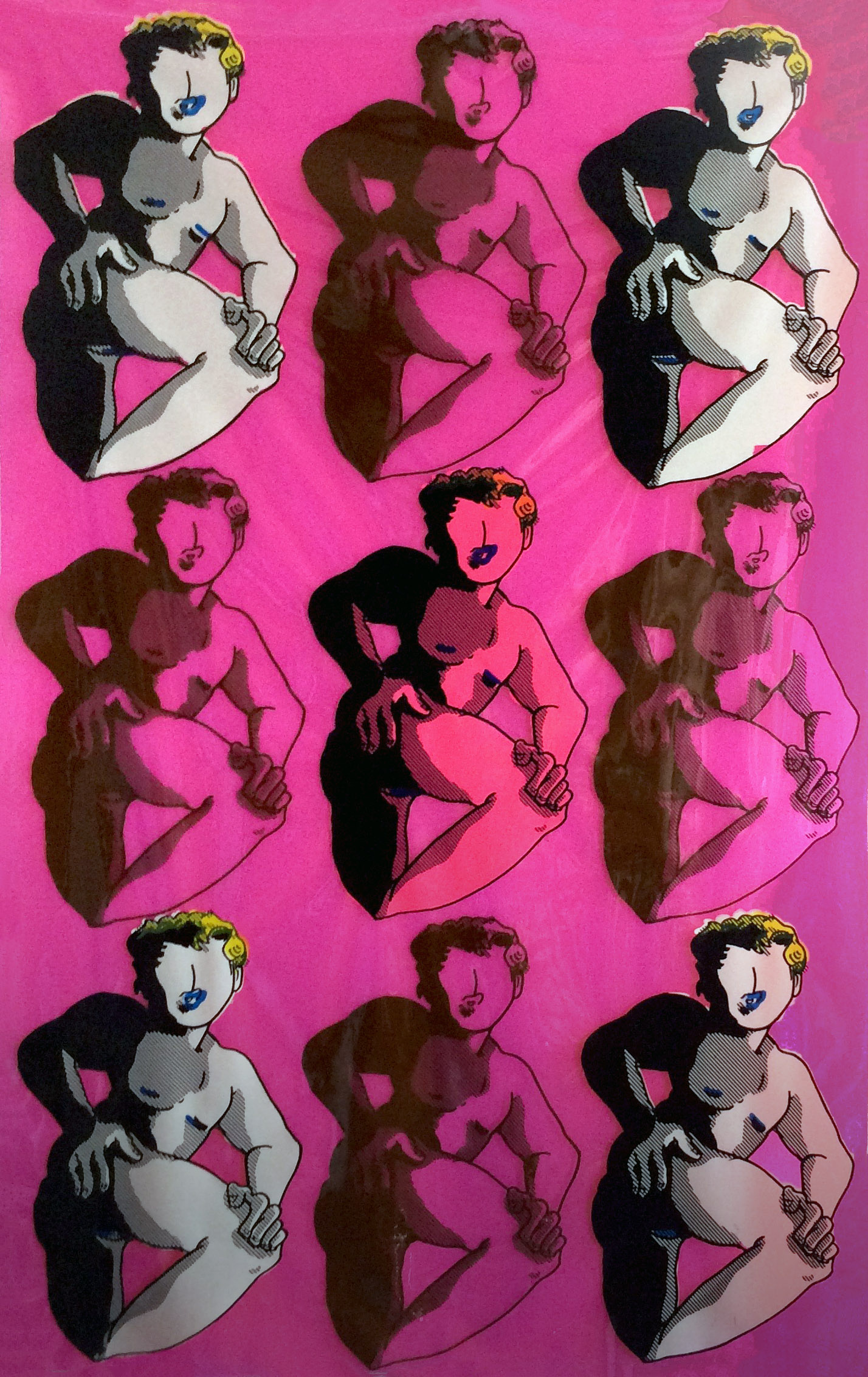 An artwork by Jacob Mills. The artwork depicts the back of a human figure with the torso turned to face the viewer. The figure is repeated across the print in a grid formation. The figures are colored in either a bright pink or grey color.