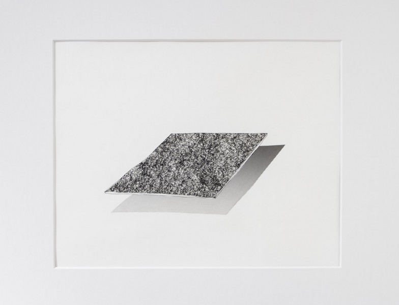 A drawing by Jae Won Kim. The drawing is in black and white and features two rectangles. It appears as if the rectangular shape on top is floating and the shape below is it's shadow. The surface appears as if it is a rough, textured surface.