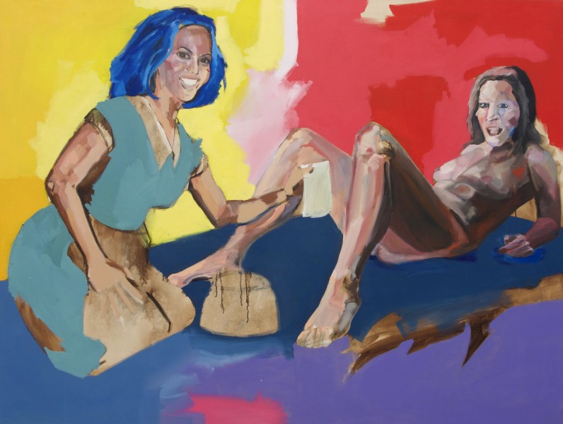 A painting with two women, one naked on the right side with her upper body supported with hands on the floor and legs bent up from the knees and widespread. The other woman has blue hair, wears a turquoise dress and a brown apron, and has a bag near her sitting on her knees while holding a tissue near the inner thighs of the naked woman. the room has a blue floor, the left wall is yellow, and the right wall is red