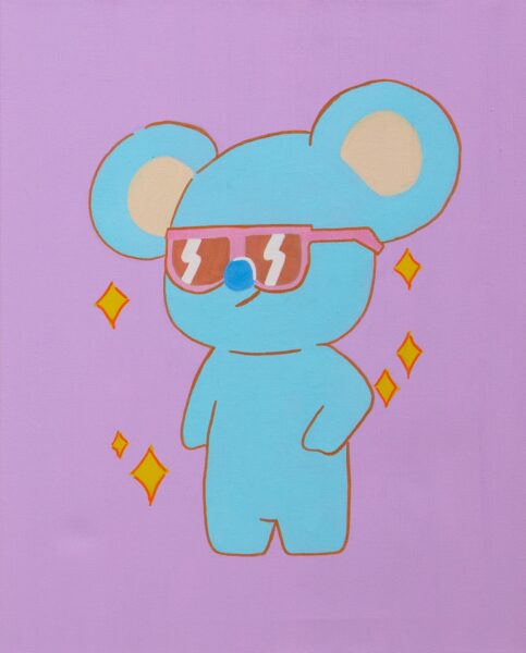 Painting of a blue bear with pink glasses against a purple background.