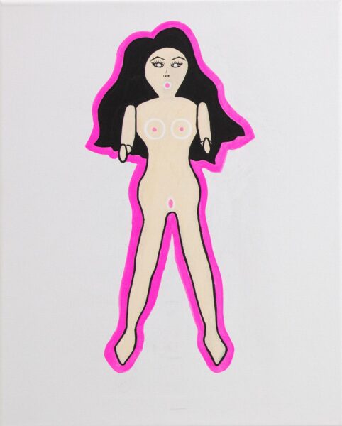 Painting of a sex doll outlined in pink against a white background.