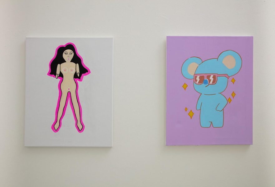 Installation shot of a painting of a sex doll next to a painting of a teddy bear.