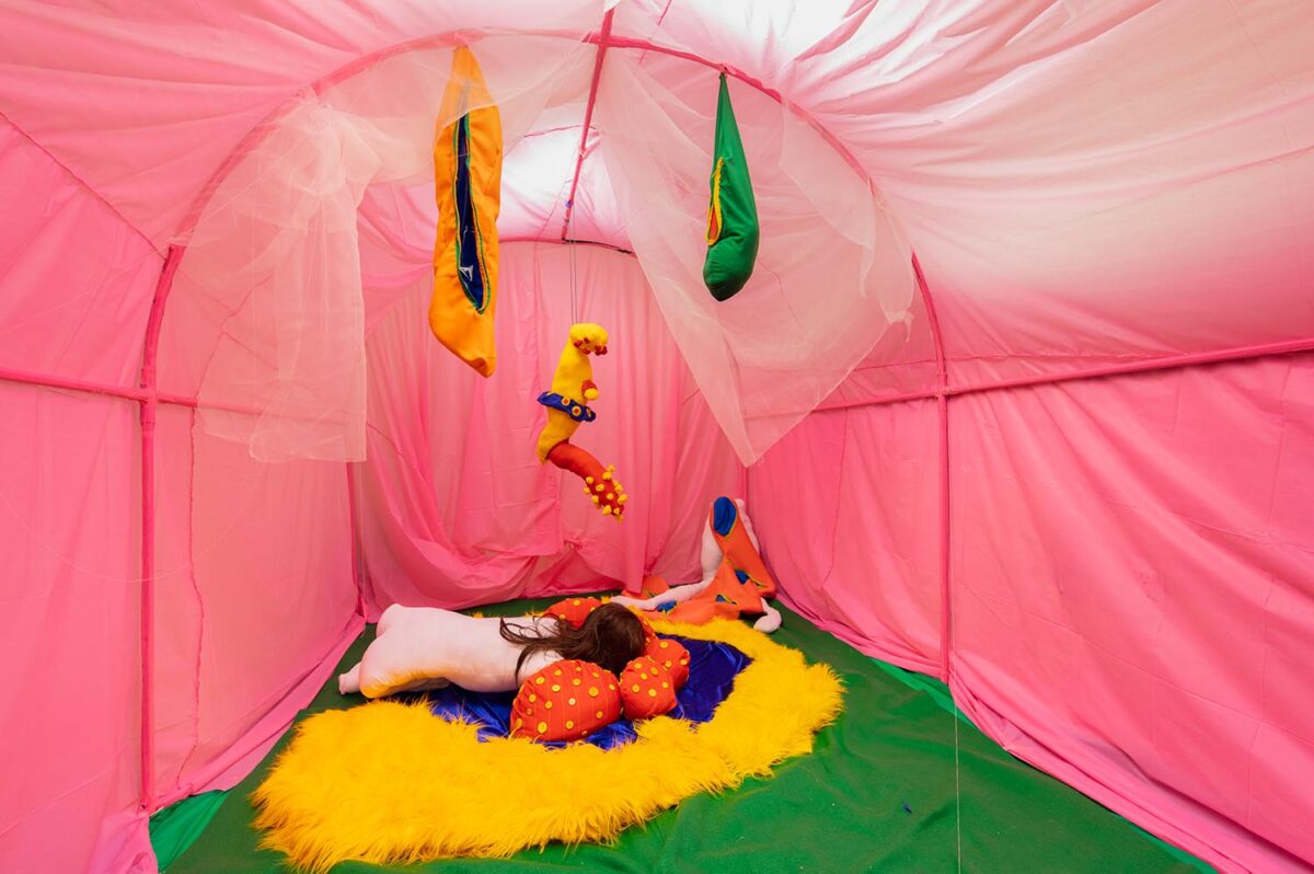 Interior shot of an installation made of pink fabric with plush red and blue cactus objects with plush fabric objects hanging from the ceiling. 