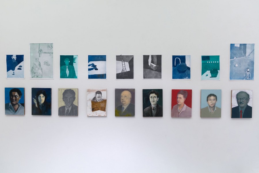 A grid of 18 paintings arranged on two rows, each with nine paintings. The row on the top is composed of illustrations of minimalistic portraits, bathrooms, and other house spaces mainly painted with blue, black and white, and green. The row at the bottom is composed of portraits made with vivid colors of different people, including men and women