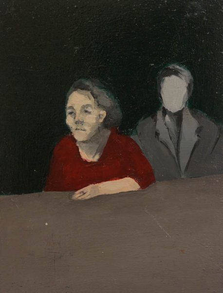 A painting represents a woman dressed in a red blouse and a neutral face expression sitting on a table, and behind her is a faceless person with a grey coat 