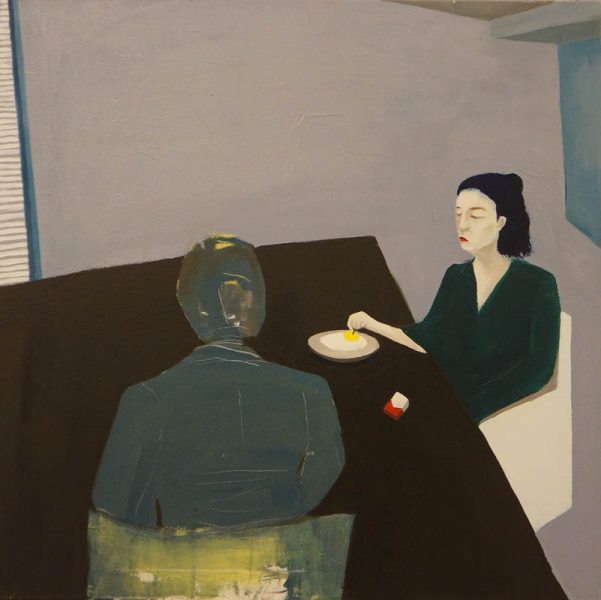 A painting that is representing a woman and a man sitting on a brown table in a room. The woman smokes a cigar, and she's dressed in a green dress, and the man is with his back to the viewer 