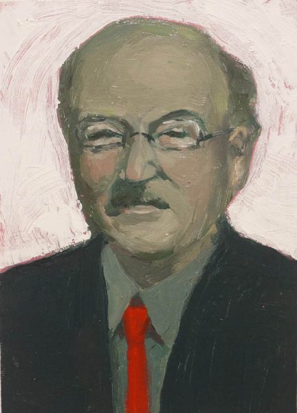 A portrait painting of a middle-aged man with glasses, bald and with hair only on the sides, is dressed in a black suit, a grey shirt, and a red tie. The background of the portrait is pink