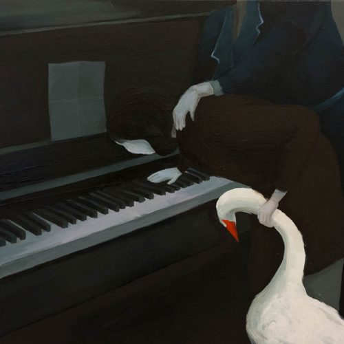 The painting represents a woman dressed in a blue dress who is forcing a child dressed in brown to stay with her head over the piano and hold her hand on it. the girl holds with her other hand a white goose near her