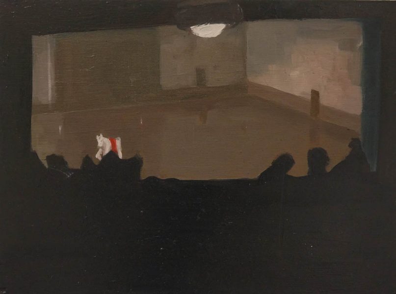 A painting representing a dark movie theatre room with some people moving, and on the screen is a scene with an empty room with a small toy white horse