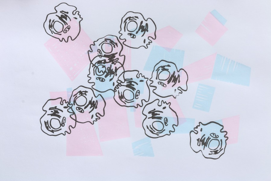 painting of scattered rounded shapes like fried eggs draw with only black outlines on a pastel violet background with pink and blue rectangle shapes
