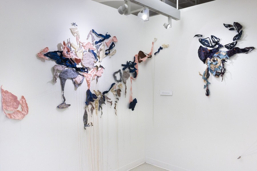 Installation view of miscellaneous objects made of fabrics. 